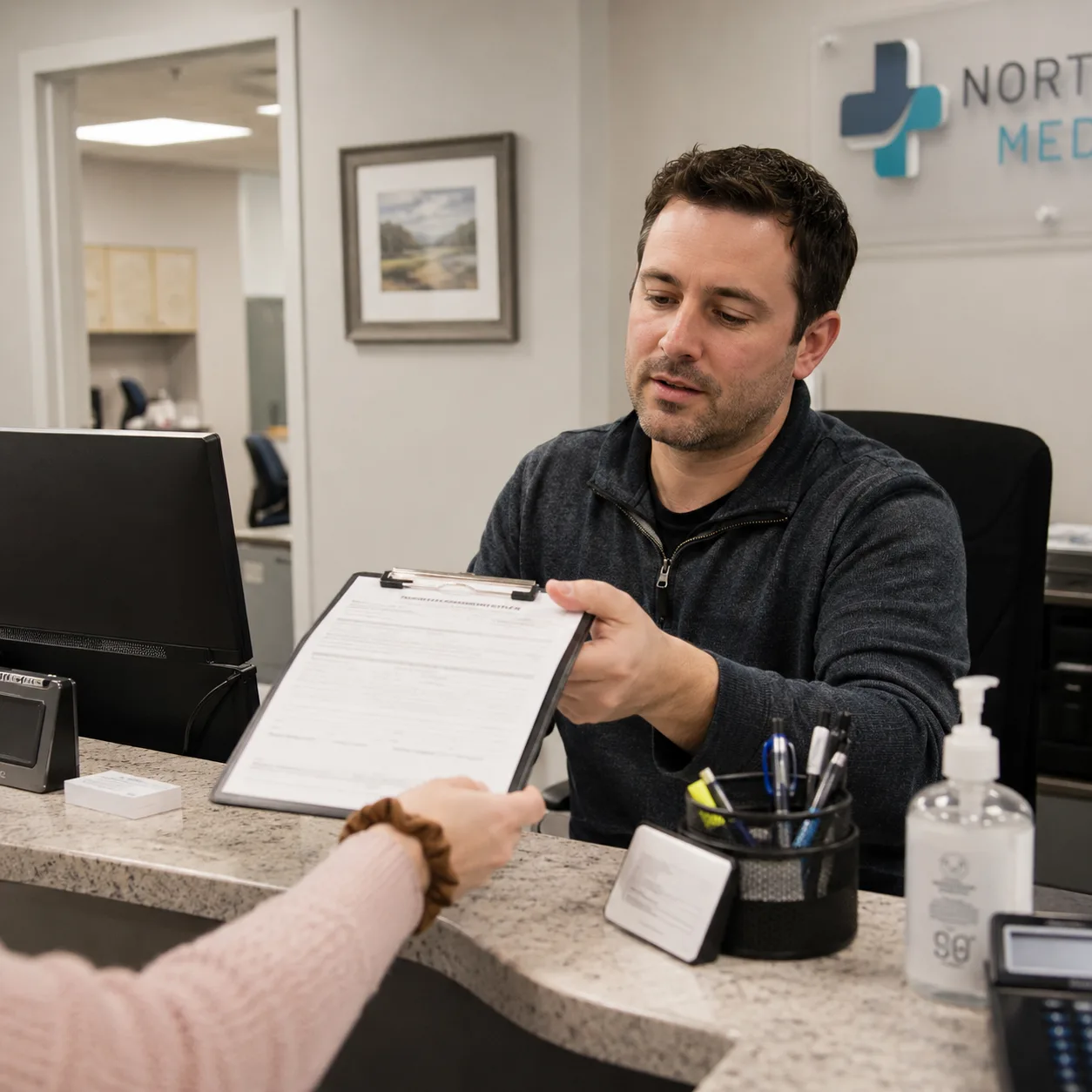 Staff member reviewing a completion document at a front desk