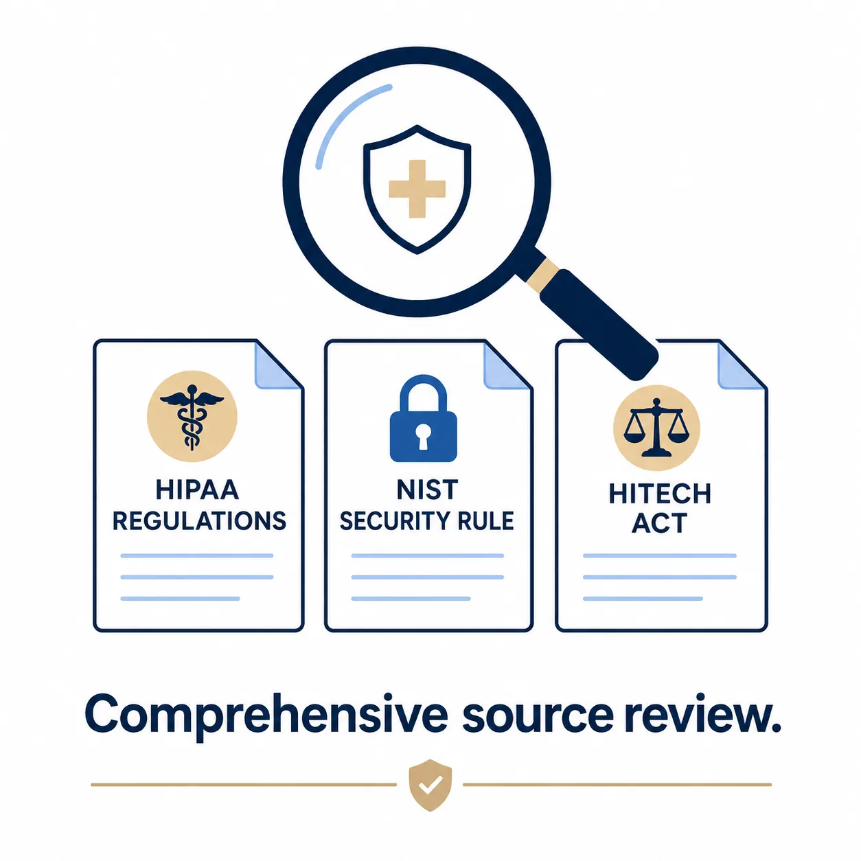 Magnifying glass over HIPAA, NIST, and HITECH source documents
