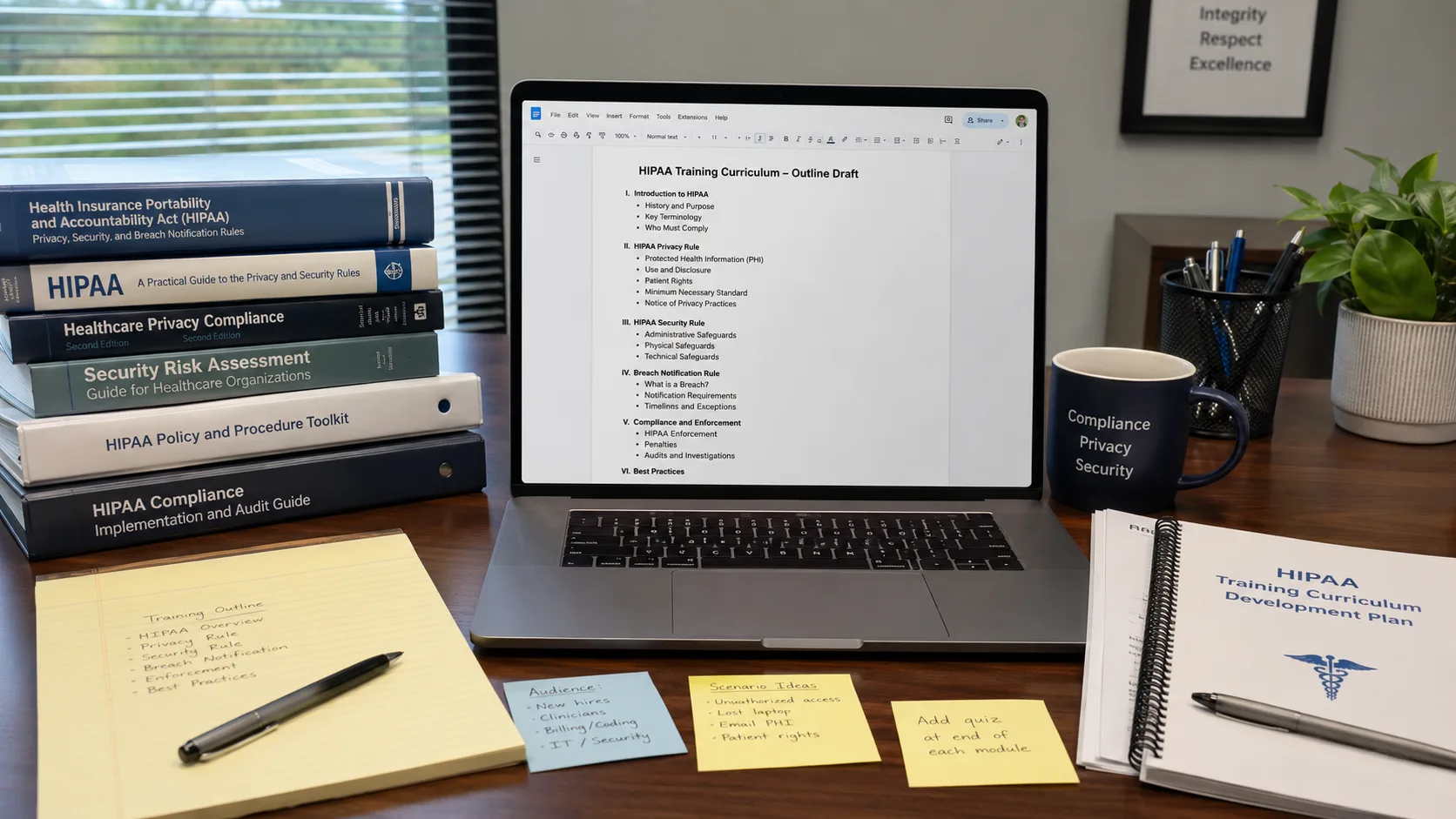 HIPAA course outline and source materials on a desk